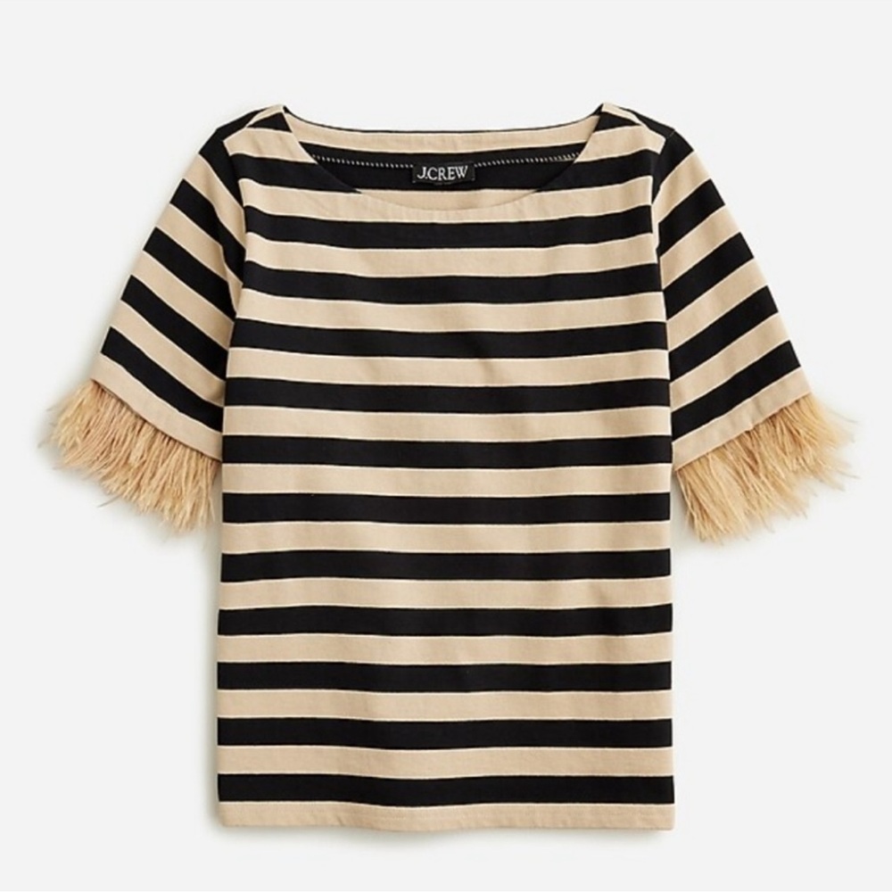 J Crew Black and Cream striped shirt with removable  feather sleeves
